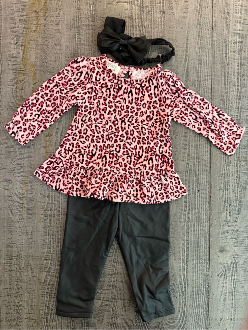 Playful Pink Leopard Ruffled Top and Black Pleather Leggings Set with Headband